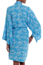 Load image into Gallery viewer, Balinese Rayon Short Cross Over Robe Blue Batik Flowers - Gorgeous in Cerulean | NOVICA
