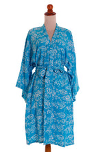 Load image into Gallery viewer, Balinese Rayon Short Cross Over Robe Blue Batik Flowers - Gorgeous in Cerulean | NOVICA
