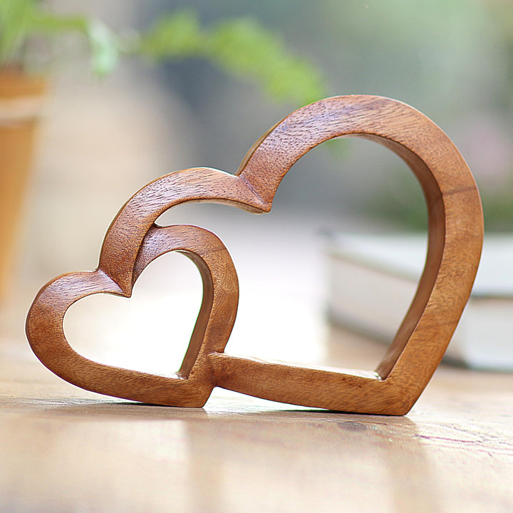 Wood Hand Made Indonesian Brown Connecting Hearts Sculpture - Warm Hearts | NOVICA