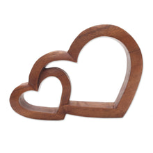 Load image into Gallery viewer, Wood Hand Made Indonesian Brown Connecting Hearts Sculpture - Warm Hearts | NOVICA
