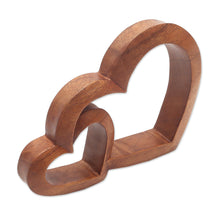 Load image into Gallery viewer, Wood Hand Made Indonesian Brown Connecting Hearts Sculpture - Warm Hearts | NOVICA
