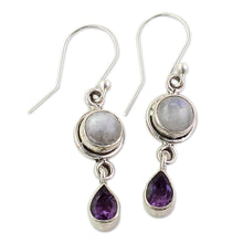 Load image into Gallery viewer, Amethyst Rainbow Moonstone Dangle Earrings from India - Purple Droplets | NOVICA
