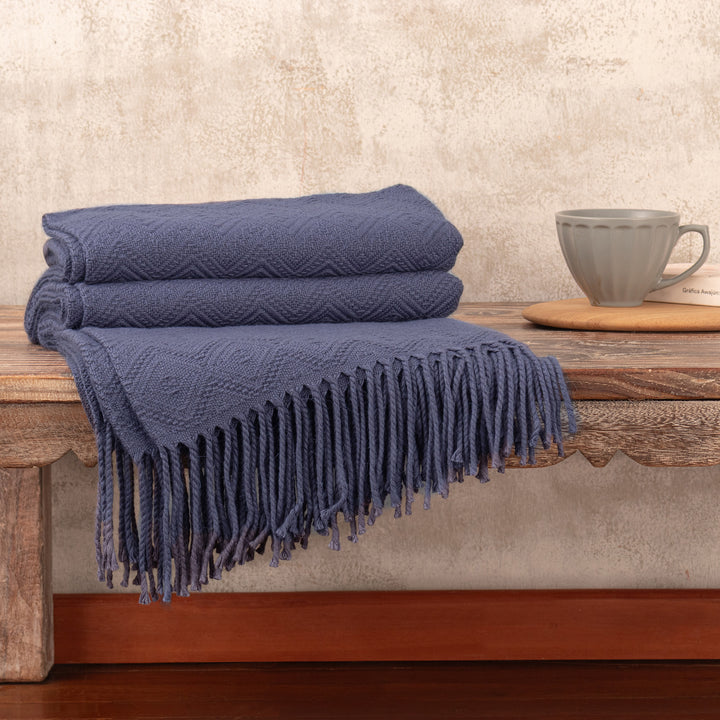 Alpaca and AcrylicThrow Blanket with Fringe in Denim Blue - Puno Traditions in Blue | NOVICA