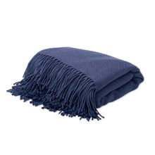 Load image into Gallery viewer, Alpaca and AcrylicThrow Blanket with Fringe in Denim Blue - Puno Traditions in Blue | NOVICA
