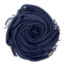 Load image into Gallery viewer, Alpaca and AcrylicThrow Blanket with Fringe in Denim Blue - Puno Traditions in Blue | NOVICA
