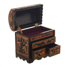 Load image into Gallery viewer, Multicolor Cedar Wood and Leather Jewelry Box from Peru - Elegant Hummingbirds | NOVICA
