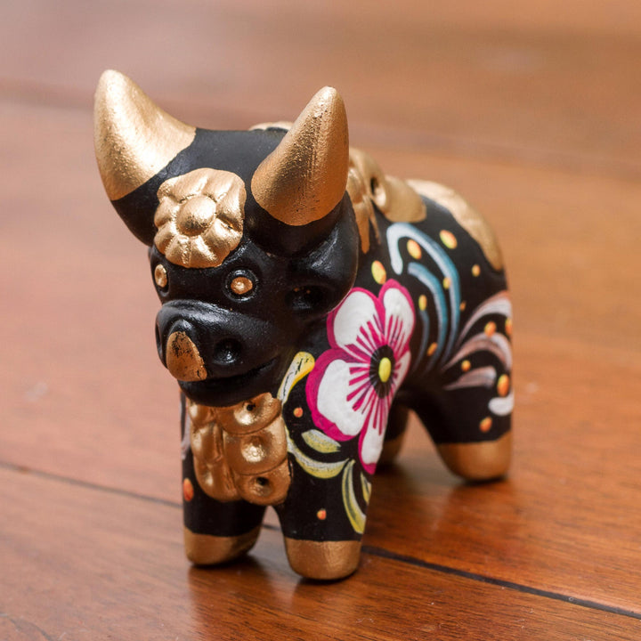 Hand Painted Ceramic Floral Bull in Black from Peru - Little Black Pucara Bull | NOVICA