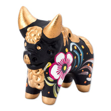 Load image into Gallery viewer, Hand Painted Ceramic Floral Bull in Black from Peru - Little Black Pucara Bull | NOVICA
