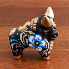 Load image into Gallery viewer, Hand Painted Ceramic Floral Bull in Black from Peru - Little Black Pucara Bull | NOVICA

