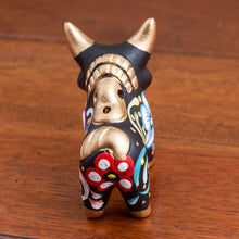 Load image into Gallery viewer, Hand Painted Ceramic Floral Bull in Black from Peru - Little Black Pucara Bull | NOVICA
