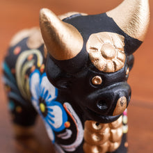 Load image into Gallery viewer, Hand Painted Ceramic Floral Bull in Black from Peru - Little Black Pucara Bull | NOVICA
