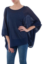 Load image into Gallery viewer, Soft Knit Bohemian Style Navy Blue Drape Sweater from Peru - Ocean Breeze | NOVICA
