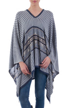 Load image into Gallery viewer, Bohemian Poncho in Blue Geometric Pattern from Peru - Memories Past in Blue | NOVICA
