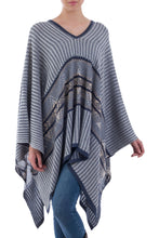 Load image into Gallery viewer, Bohemian Poncho in Blue Geometric Pattern from Peru - Memories Past in Blue | NOVICA
