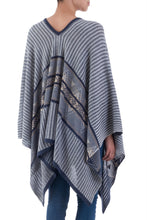 Load image into Gallery viewer, Bohemian Poncho in Blue Geometric Pattern from Peru - Memories Past in Blue | NOVICA
