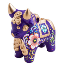 Load image into Gallery viewer, Purple Floral Painted Ceramic Bull Sculpture from Peru - Purple Pucara Bull | NOVICA
