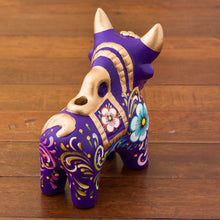 Load image into Gallery viewer, Purple Floral Painted Ceramic Bull Sculpture from Peru - Purple Pucara Bull | NOVICA
