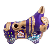 Load image into Gallery viewer, Purple Floral Painted Ceramic Bull Sculpture from Peru - Purple Pucara Bull | NOVICA
