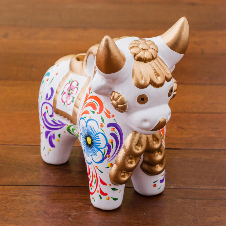Handcrafted White Ceramic Bull Figurine from Peru - White Pucara Bull | NOVICA