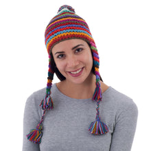 Load image into Gallery viewer, Striped Multicolored Alpaca Chullo Hat with Pompom from Peru - Tactile Rainbow | NOVICA
