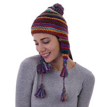 Load image into Gallery viewer, Striped Multicolored Alpaca Chullo Hat with Pompom from Peru - Tactile Rainbow | NOVICA
