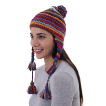 Load image into Gallery viewer, Striped Multicolored Alpaca Chullo Hat with Pompom from Peru - Tactile Rainbow | NOVICA
