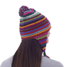 Load image into Gallery viewer, Striped Multicolored Alpaca Chullo Hat with Pompom from Peru - Tactile Rainbow | NOVICA
