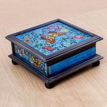 Load image into Gallery viewer, Reverse Painted Glass Blue Decorative Box with Butterflies - Blue Winter Butterflies | NOVICA
