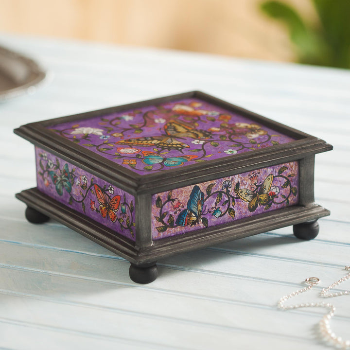Reverse Painted Glass Decorative Box with Butterflies - Purple Winter Butterflies | NOVICA