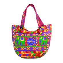 Load image into Gallery viewer, Multicolored Embroidered Tote Handbag from India - Elephant Flower in Fuchsia | NOVICA
