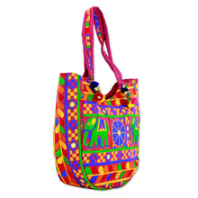 Load image into Gallery viewer, Multicolored Embroidered Tote Handbag from India - Elephant Flower in Fuchsia | NOVICA
