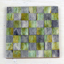 Load image into Gallery viewer, Six Green and Grey Checkerboard Bone Coasters from India - Earthy Checkers | NOVICA

