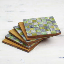 Load image into Gallery viewer, Six Green and Grey Checkerboard Bone Coasters from India - Earthy Checkers | NOVICA
