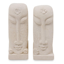 Load image into Gallery viewer, Pair of Hand Carved Sandstone Face Sculptures from Indonesia - Harum Couple | NOVICA
