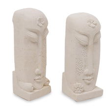 Load image into Gallery viewer, Pair of Hand Carved Sandstone Face Sculptures from Indonesia - Harum Couple | NOVICA
