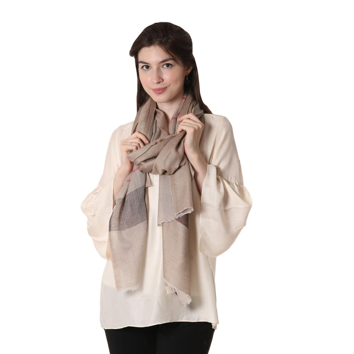 Striped Woven Wool Shawl in Tan and Coffee from India - Cream and Coffee | NOVICA