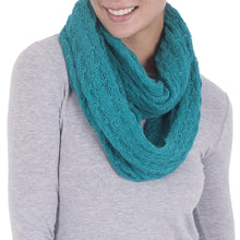 Load image into Gallery viewer, Alpaca Blend Knit Infinity Scarf in Teal from Peru - Fashionable Andes in Teal | NOVICA
