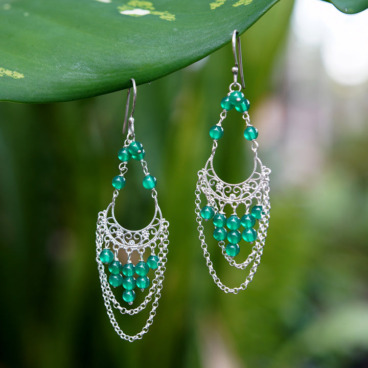 Sterling Silver and Agate Chandelier Earrings from Bali - Crescent Palace | NOVICA