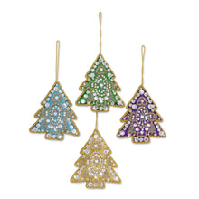 Load image into Gallery viewer, 4 Tree Shaped Multicolored Embroidered Ornaments from India - Colorful Holiday | NOVICA
