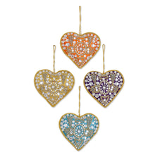 Load image into Gallery viewer, 4 Heart Shaped Multicolored Embroidered Ornaments from India - Colorful Hearts | NOVICA
