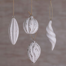 Load image into Gallery viewer, Four White Distressed Albesia Wood Ornaments from Bali - Holiday Ambassadors | NOVICA
