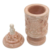 Load image into Gallery viewer, Mahogany Wood Cylindrical Decorative Jar with Floral Motifs - Antique Flower | NOVICA
