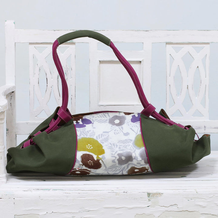 Batik Cotton Floral Duffel Bag in Clay from India - Beach Outing | NOVICA