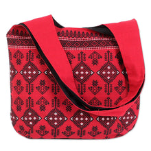 Load image into Gallery viewer, Geometric Cotton Shoulder Bag in Chili from India - Delightful Kites | NOVICA
