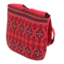 Load image into Gallery viewer, Geometric Cotton Shoulder Bag in Chili from India - Delightful Kites | NOVICA
