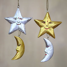 Load image into Gallery viewer, Four Moon and Star Albesia Wood Ornaments from Bali - Stellar Holiday | NOVICA

