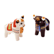 Load image into Gallery viewer, Ornate Brown and White Andean Bull Figurines (Pair) - Little Bulls of Pucara | NOVICA
