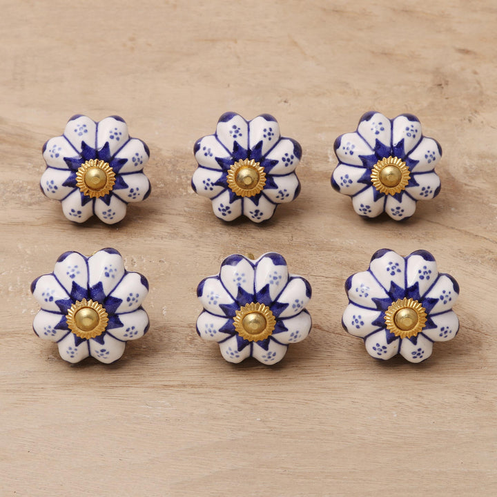 Six Ceramic Floral Knobs in Blue and White from India - Lapis Flowers | NOVICA