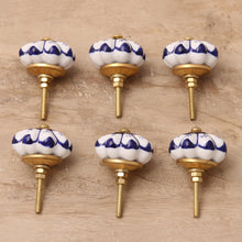 Load image into Gallery viewer, Six Ceramic Floral Knobs in Blue and White from India - Lapis Flowers | NOVICA
