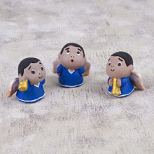 Load image into Gallery viewer, Petite Ceramic Angel Figurines in Blue Robes (Set of 3) - Little Angel Musicians | NOVICA
